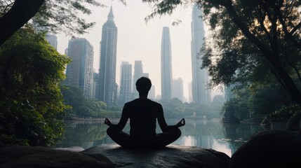 A person meditating in a serene natural setting amid urban chaos, Mindfulness scene, Tranquil style