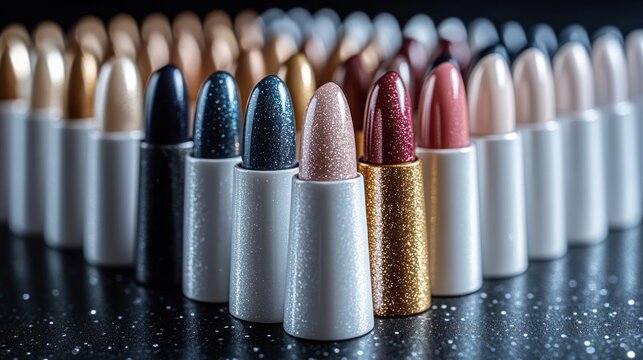 Glittery lipstick collection on dark background