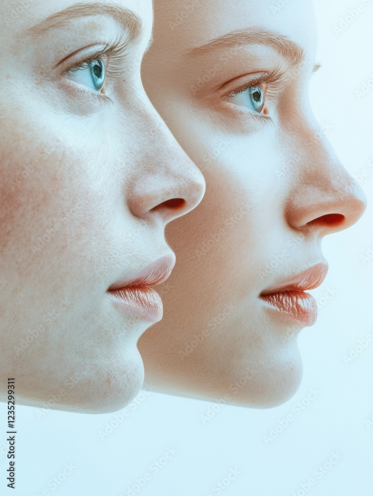 Aufkleber Two contrasting faces highlight the effects of aging through a close up of features side by side. Generative AI