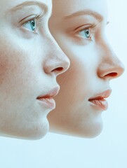 Obraz premium Two contrasting faces highlight the effects of aging through a close up of features side by side. Generative AI