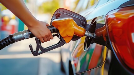 Close-up of a hand holding a gas pump, filling an car during the daytime in a city setting.