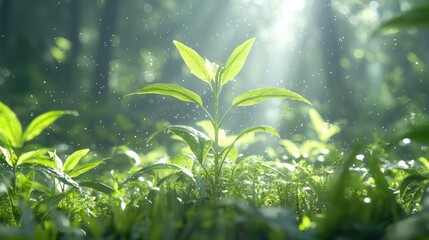Obraz premium Tea plant sprout sunlight forest rain nature