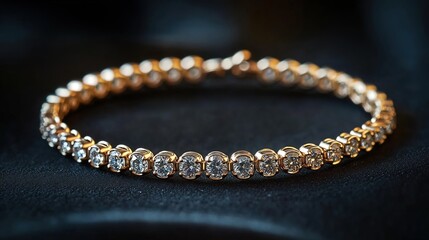 Photograph of a gold tennis bracelet with diamonds on a dark background.