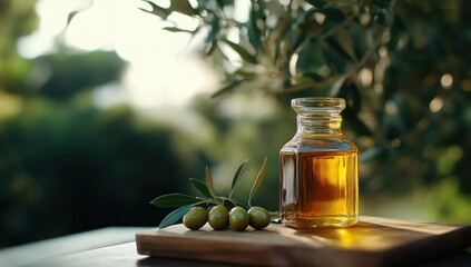 Golden Olive Oil in a Glass Bottle, Freshly Harvested Olives on Wooden Board, Natural Sunlight, Mediterranean Atmosphere