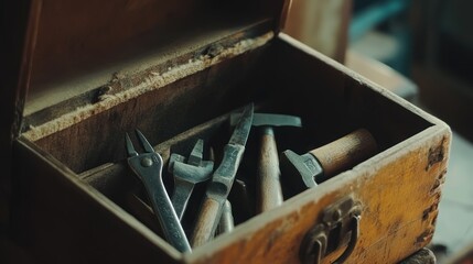 Old Wooden Box Contains Various Hand Tools