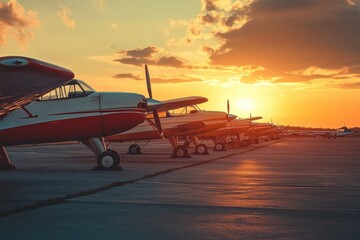 Retro airplanes aligned at a vintage airfield during a picturesque sunset with vibrant clouds in the sky. Generative AI