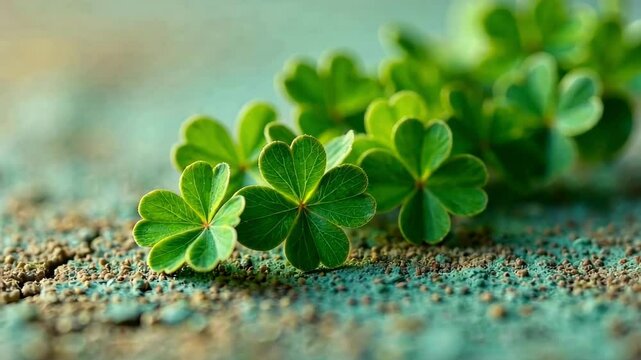 Saint Patrick's Day background with A bunch of green clovers are on a green surface. The clovers are small and are arranged in a row