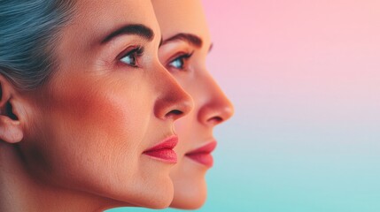 Fototapeta premium Comparison of aging signs and youthfulness in two faces side by side during a serene moment. Generative AI