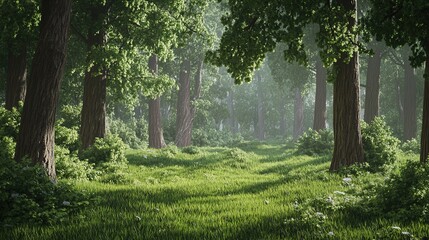 Obraz premium A dense pine forest with tall trees and lush green grass, creating an enchanting woodland scene.