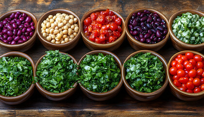 Fototapeta premium Photo, Healthy Food, Beans, Tomatoes, Parsley, Cucumber, Ingredients, Wooden Bowls, Cooking, Nutrition
