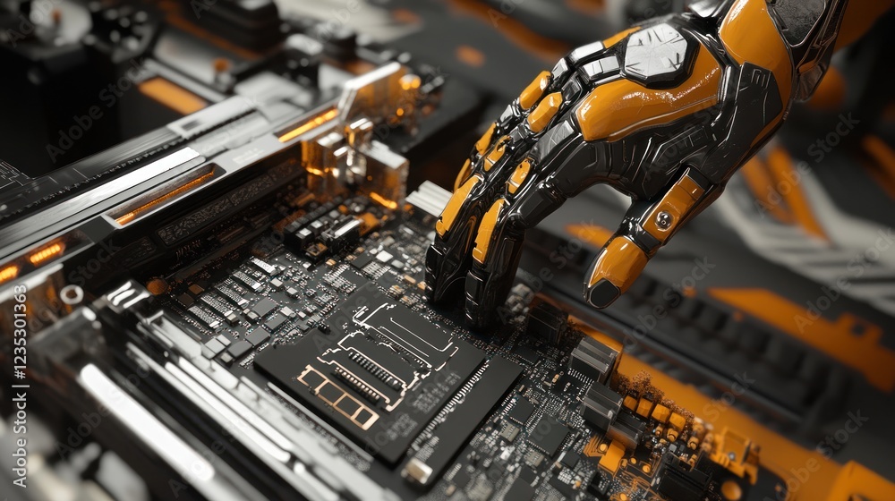 Aufkleber Robotic Hand Interacting With Advanced Computer Motherboard