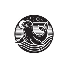 Black Color Sea Lion silhouette design Vector Illustration, Solid White Background (3).eps