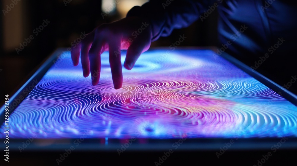 Poster Hand Interacting With Illuminated Wave Pattern Display