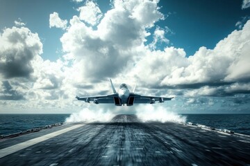 Fototapeta na wymiar Military fighter jet launches from an aircraft carrier during a bright day at sea with dramatic clouds above. Generative AI