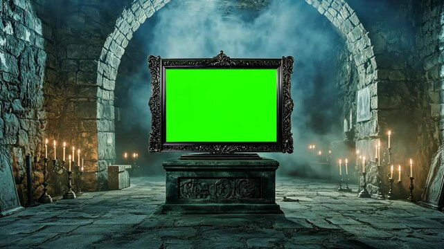 Eerie green screen frame suspended in a haunted crypt