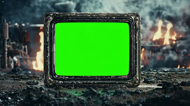 Old damaged television showing green screen in industrial apocalypse