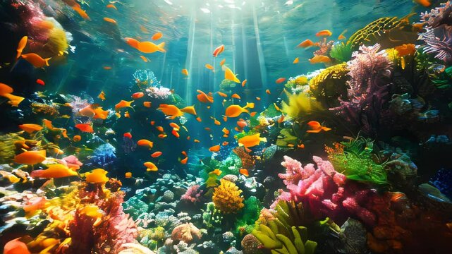 Underwater world with fish and corals. Underwater view of mari fishes and plants