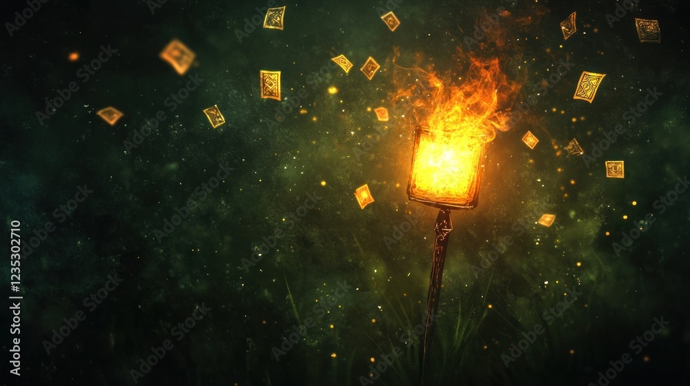 Poster flaming lantern with embers and floating cards