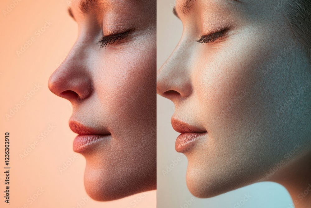 Poster contrast of aging and youthfulness displayed through two profiles showcasing different skin conditio