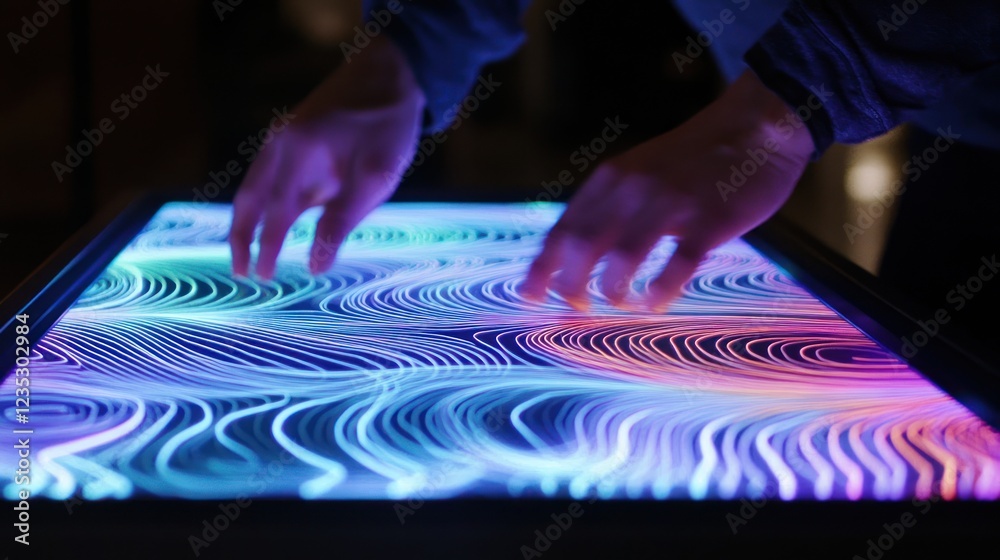 Poster Hands Interacting With A Luminous Wave Pattern Display