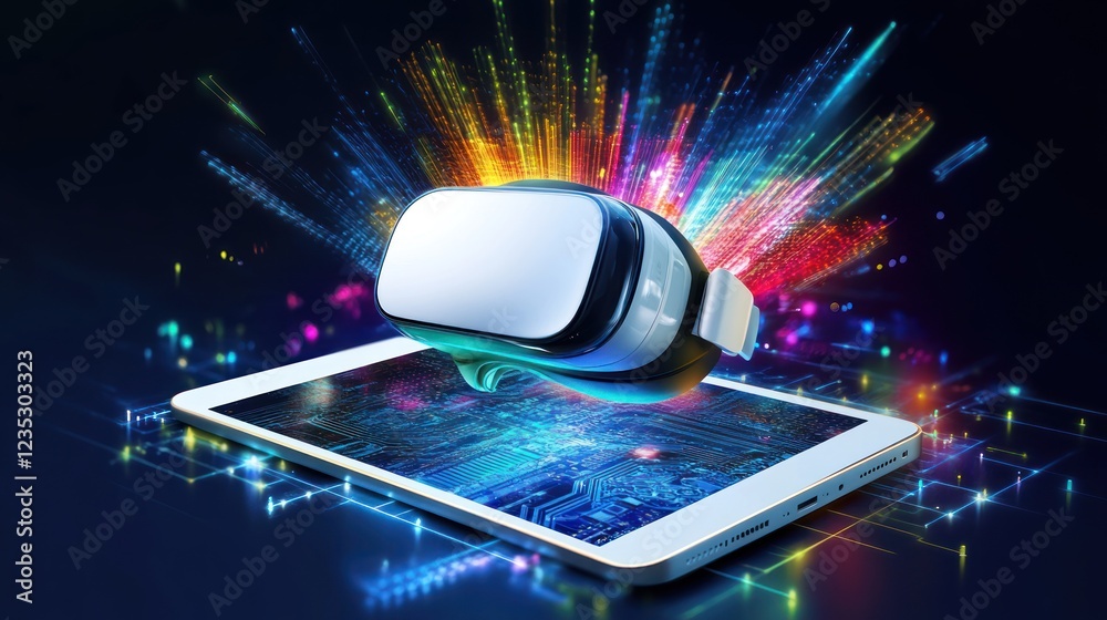 Poster Virtual Reality Headset on Tablet Displaying Digital Data