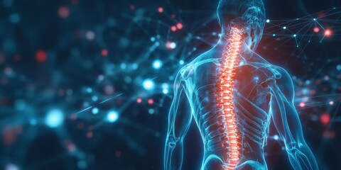 A digital illustration depicting the human spine in a glowing, high-tech style, ideal for medical, educational, or health-related projects.