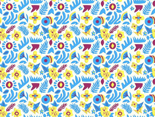 Naklejka premium Vibrant Floral Pattern: A lively and cheerful seamless pattern featuring stylized floral and leaf motifs in a bold blue, yellow, and maroon color palette. Perfect for textile design, wallpaper.