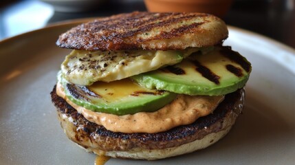Grilled Avocado Cheese Burger On Toasted Bun