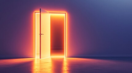 An open door leads to an empty room with walls, illuminated by neon lights. 