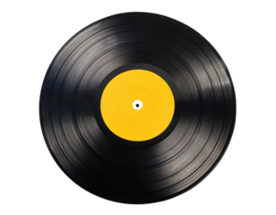 45 rpm vintage vinyl record, yellow inside, neutral background