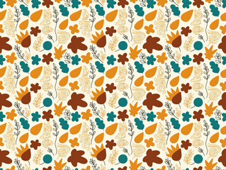 Autumnal Leaves Pattern: A charming seamless pattern featuring stylized autumn leaves, acorns, and berries in a warm color palette of orange, brown, teal, and beige. Perfect for fall-themed designs. 