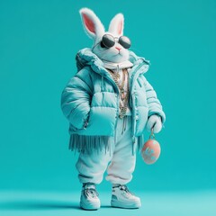 A stylish, anthropomorphic rabbit in a trendy turquoise outfit, exuding a playful yet fashionable vibe against a vibrant backdrop.