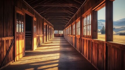 Sunlit rustic barn hallway, mountain view, ranch, morning calm, western landscape, equine facility, rural serenity, stock photo