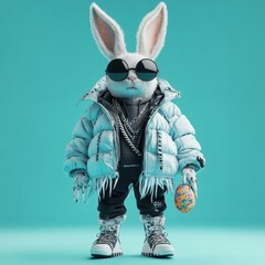 Trendy rabbit character in stylish streetwear, holding a decorative Easter egg. Perfect for fun marketing campaigns, seasonal promotions, or playful branding.
