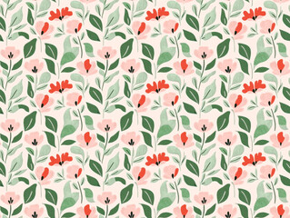 Floral Bloom Seamless Pattern:  A delicate and charming seamless pattern featuring stylized pink and red flowers with green leaves on a soft cream background.