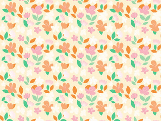 Obraz premium Floral Delight Seamless Pattern: A vibrant and cheerful pattern of stylized flowers and leaves in shades of pink, orange, and green on a soft cream background.