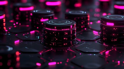 Futuristic neon glowing buttons with digital lights creating a cyberpunk technology background in dark theme. Abstract close-up of illuminated control buttons with neon pink and black.