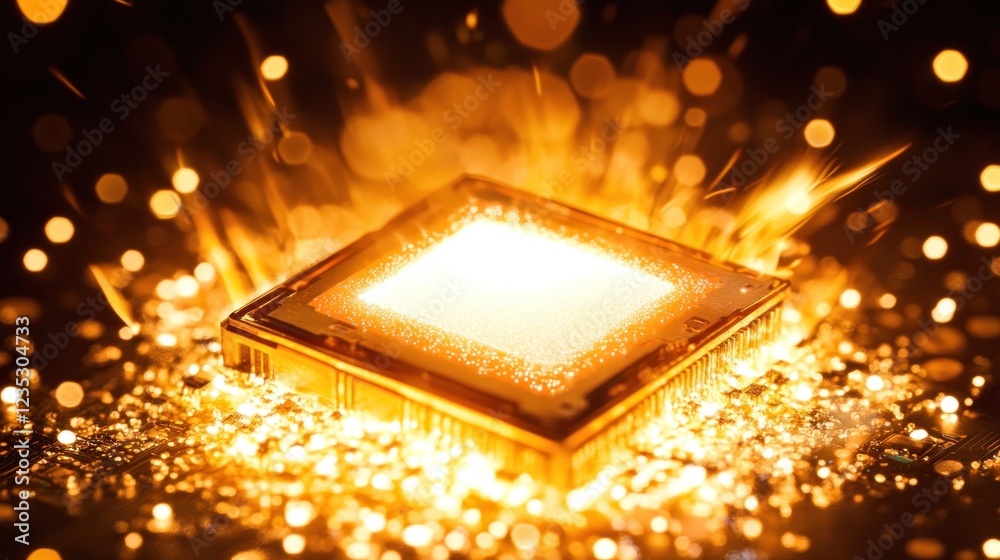 Poster Glowing Microchip Sparks Fiery Digital Explosion