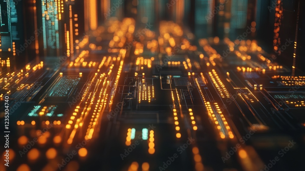 Poster Futuristic Cityscape Illuminated By Digital Data Streams