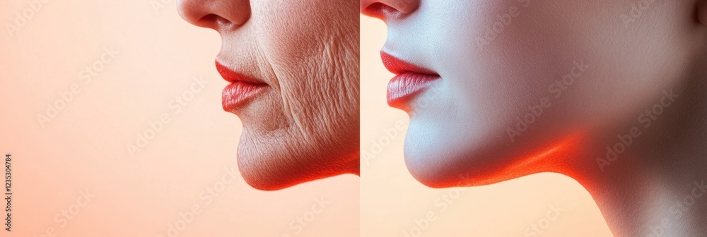 Fototapete Contrast between aging and youth is highlighted in this side by side comparison of two faces under soft lighting. Generative AI