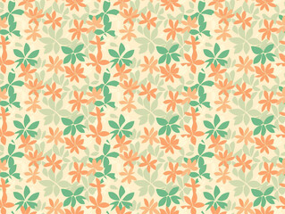 Tropical Leaves Pattern: A vibrant and cheerful seamless pattern featuring stylized tropical leaves in shades of coral and mint green, set against a creamy yellow background.
