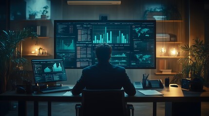 Businessman analyzing data on multiple digital screens in a modern setting. Person working with advanced screens in a high-tech environment.