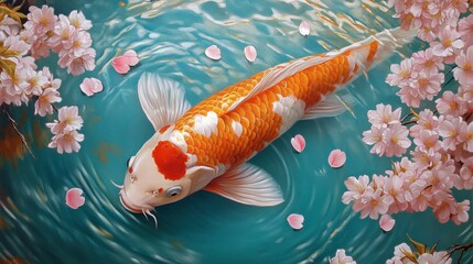 A vibrant koi fish swimming in a tranquil pond with cherry blossoms floating on the surface