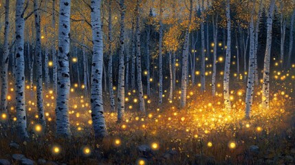 Enchanting autumn aspen grove glowing with fireflies