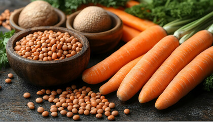 Obraz premium Photo Fresh Carrots, Soybeans, and Parsley on Dark Wooden Surface