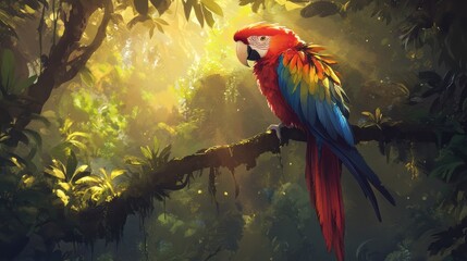 A vibrant macaw perched on a tree branch in a lush rainforest, its feathers glowing in sunlight