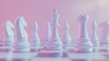 White chess pieces on a chessboard, against a soft background. 3D rendering, in a cartoon style with a minimalist, simple design