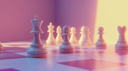 White chess pieces on a chessboard, against a soft background. 3D rendering, in a cartoon style with a minimalist, simple design