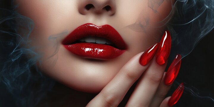Captivating close-up of glamorous lips and nails, exuding elegance and allure. Perfect for beauty, fashion, and cosmetics branding.