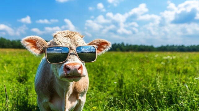 In a lush green meadow, a chilled-out brown cow adorned with trendy sunglasses looks calm and cool, hinting at a rural chic vibe.